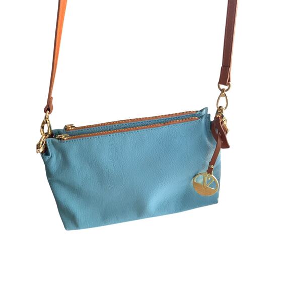 Valentina Italia Light Blue Pebbled Cross Body Bag Purse Genuine Leather - Picture 8 of 11